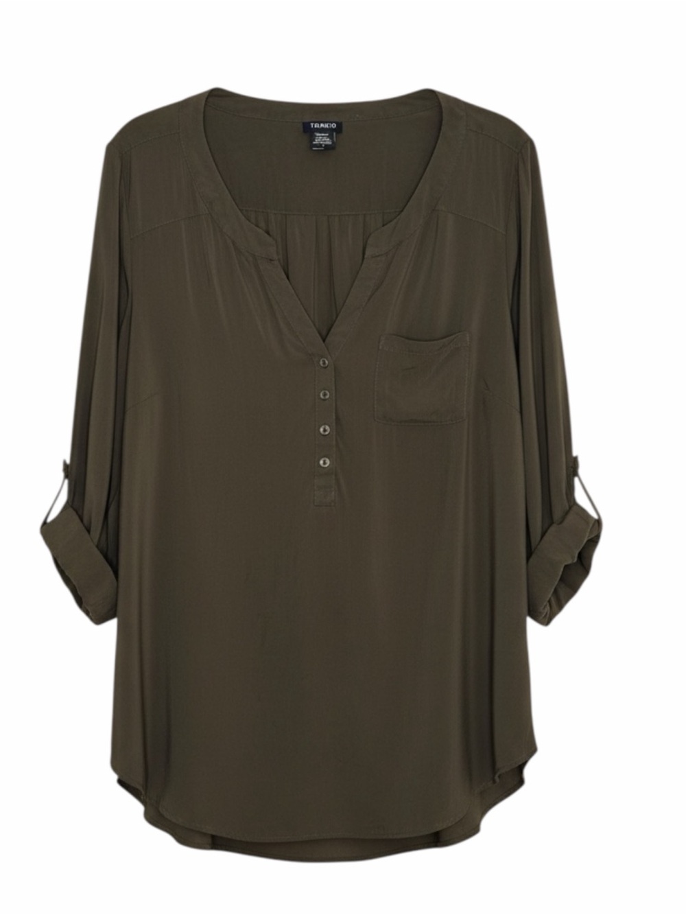 Torrid Roll Tab Blouse Shirt Tunic Top V Neck Olive Green 1 US 1X